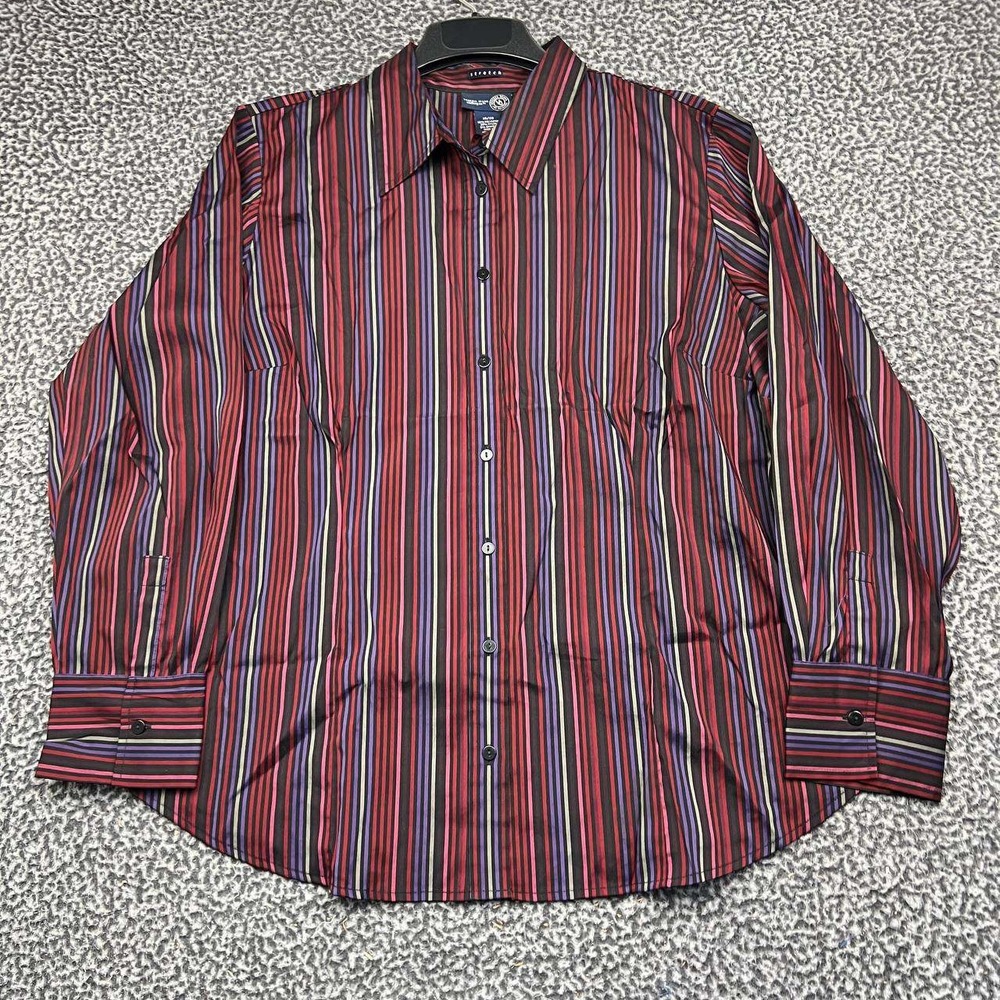 Venezia Jeans Stretch Button Up Shirt Women 18/20 Red Purple Striped Long Sleeve